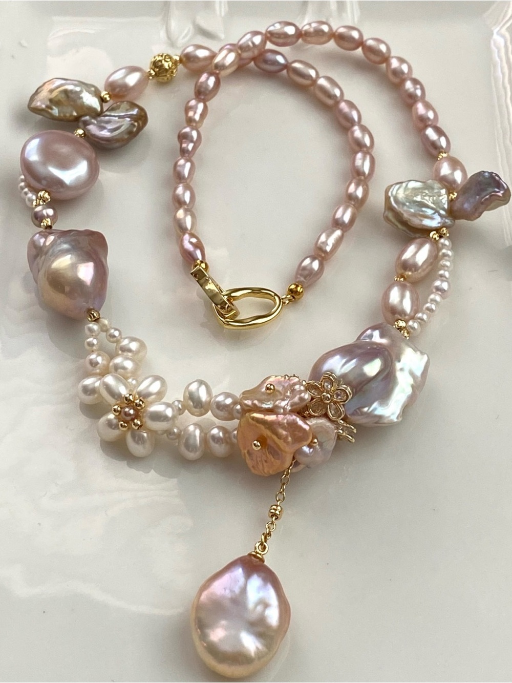 N307- Premium Sakura Pink Pearl, Flameball Pearl, Pearl Flower Braided Necklace